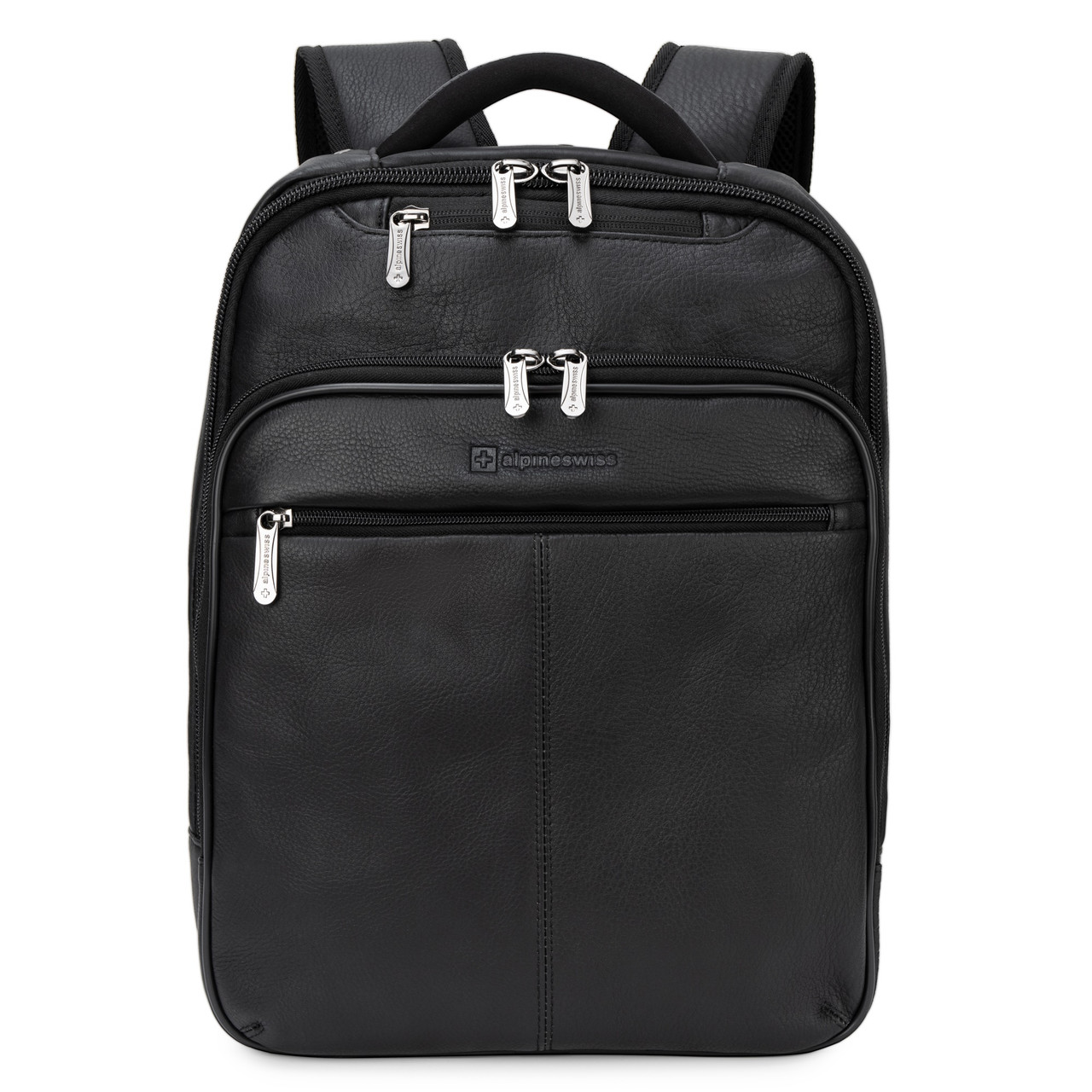 【A LEATHER】LARGE DAYPACK SMOOTH BLACK Alpine Swiss Olsen 13” Laptop Travel Backpack Genuine Leather Slim